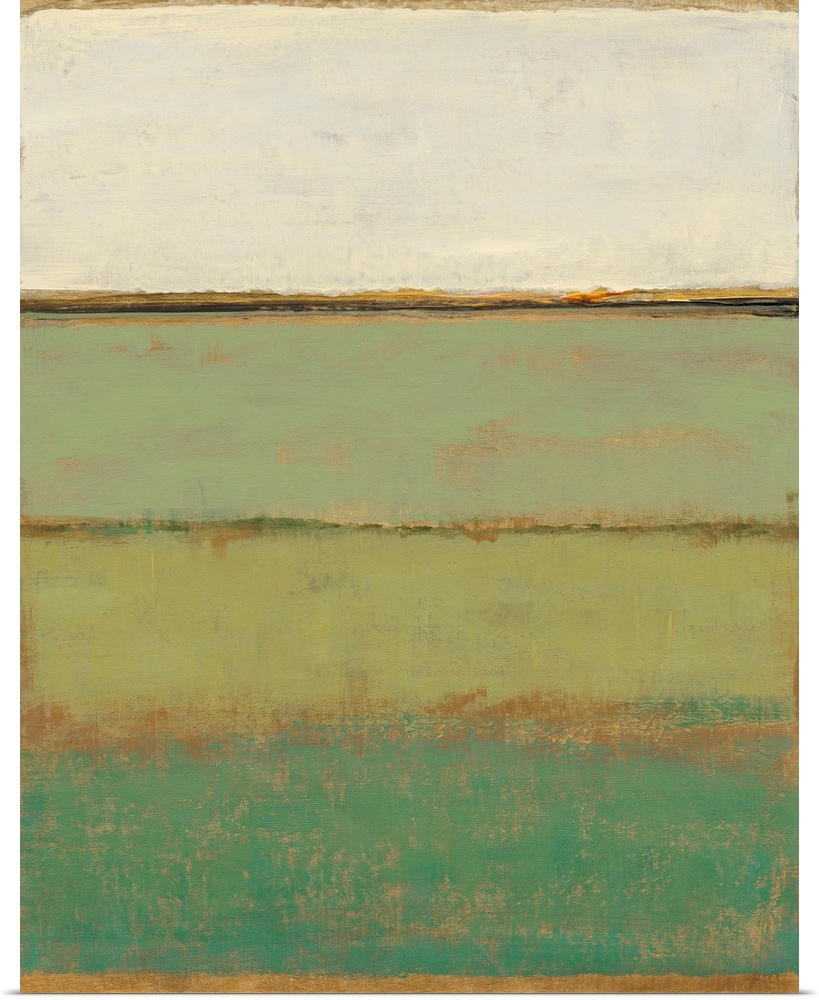 Abstract artwork in horizontal layers of green shades, resembling farmland.