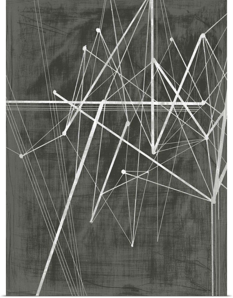 Abstract painting made of several jagged lines on a dark background.
