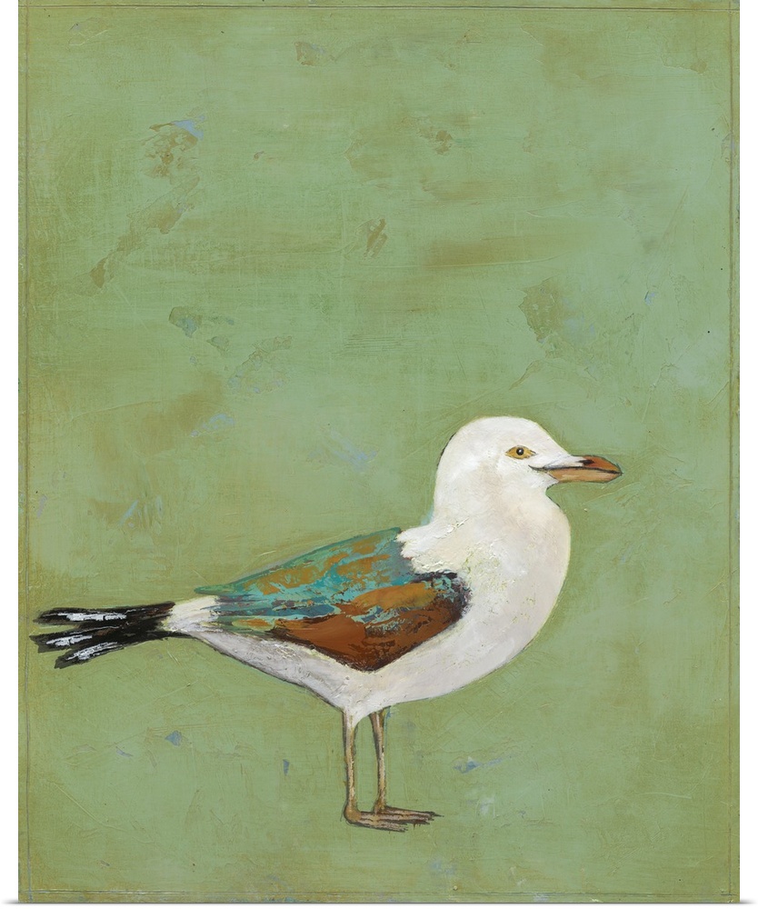 Contemporary painting of a seagull against a green background.