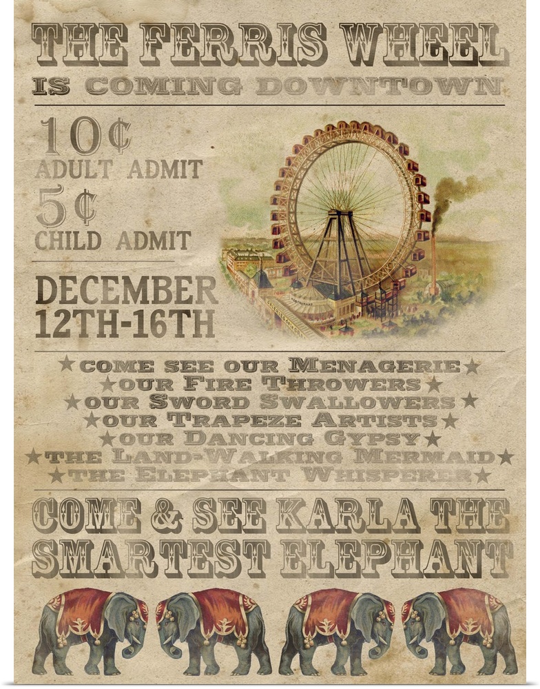 Vintage-style circus poster advertising a ferris wheel and elephants.