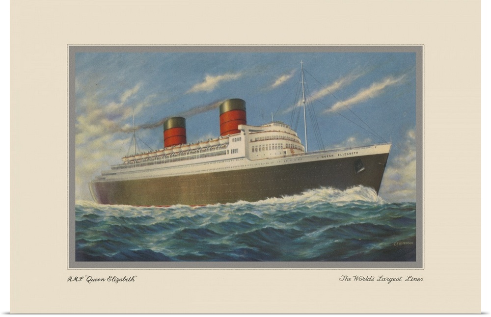 This vintage artwork features ocean liner named R.M.S. Queen Elizabeth, that was operated by Cunard Line. The cruise ship ...