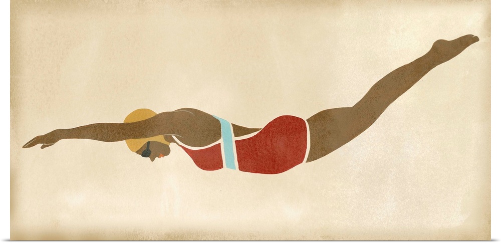 Vintage style illustration of a woman in a trendy bathing suit in mid-dive.