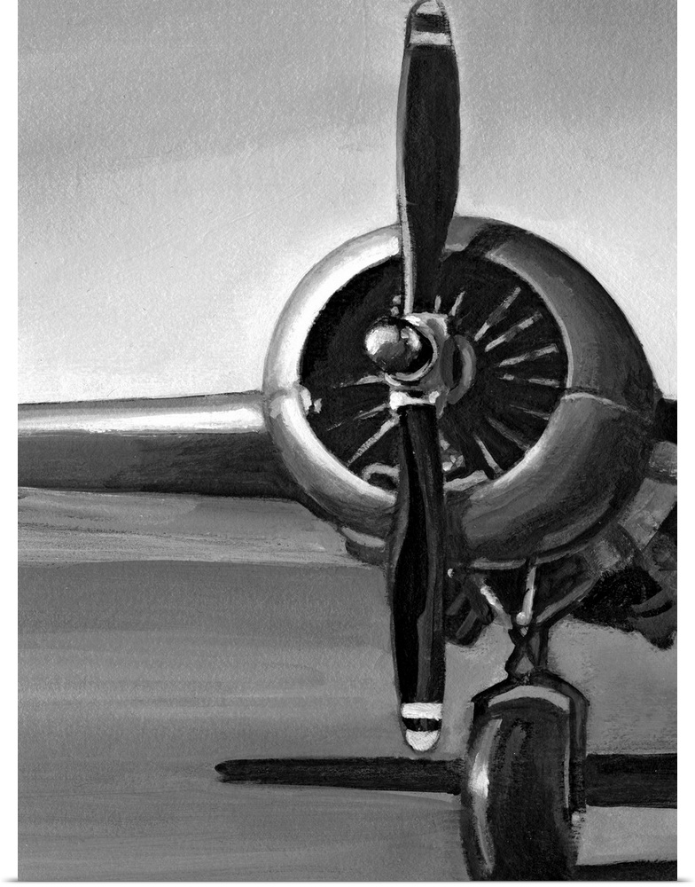 Vertical, oversized artwork of a wing, propeller and wheel on a vintage airplane, casting a shadow on the ground.