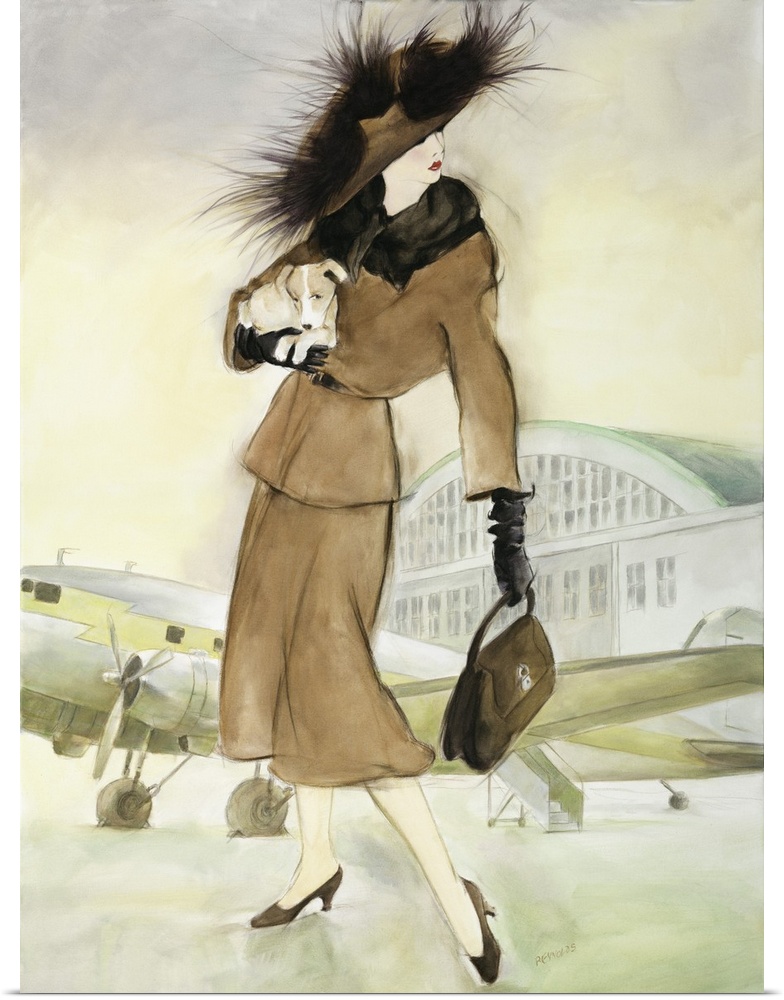 Vintage style illustration of a woman in a fur coat at the airport.