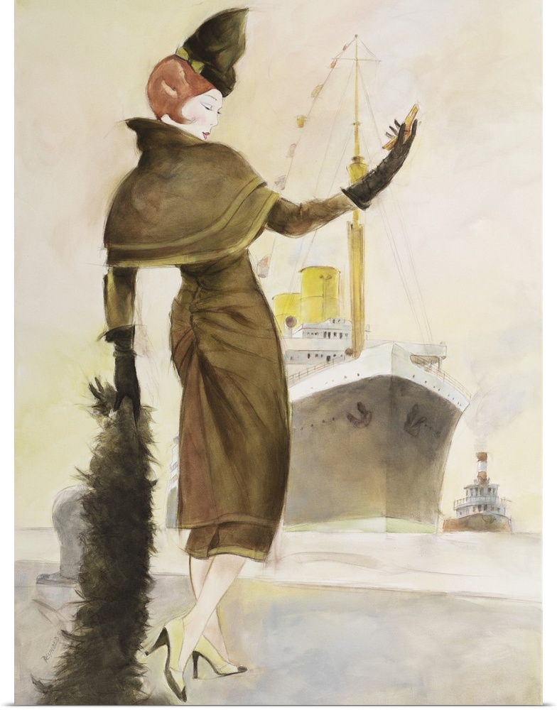 Vintage style illustration of a woman in a fur coat awaiting a ship.