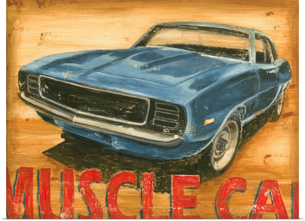 Big canvas painting of a muscle car on top of a grungy background.