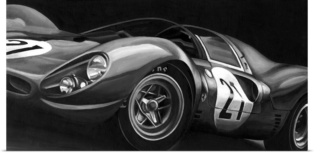 Landscape, large vintage art in black and white of the side view of a rounded race car with the number twenty one.