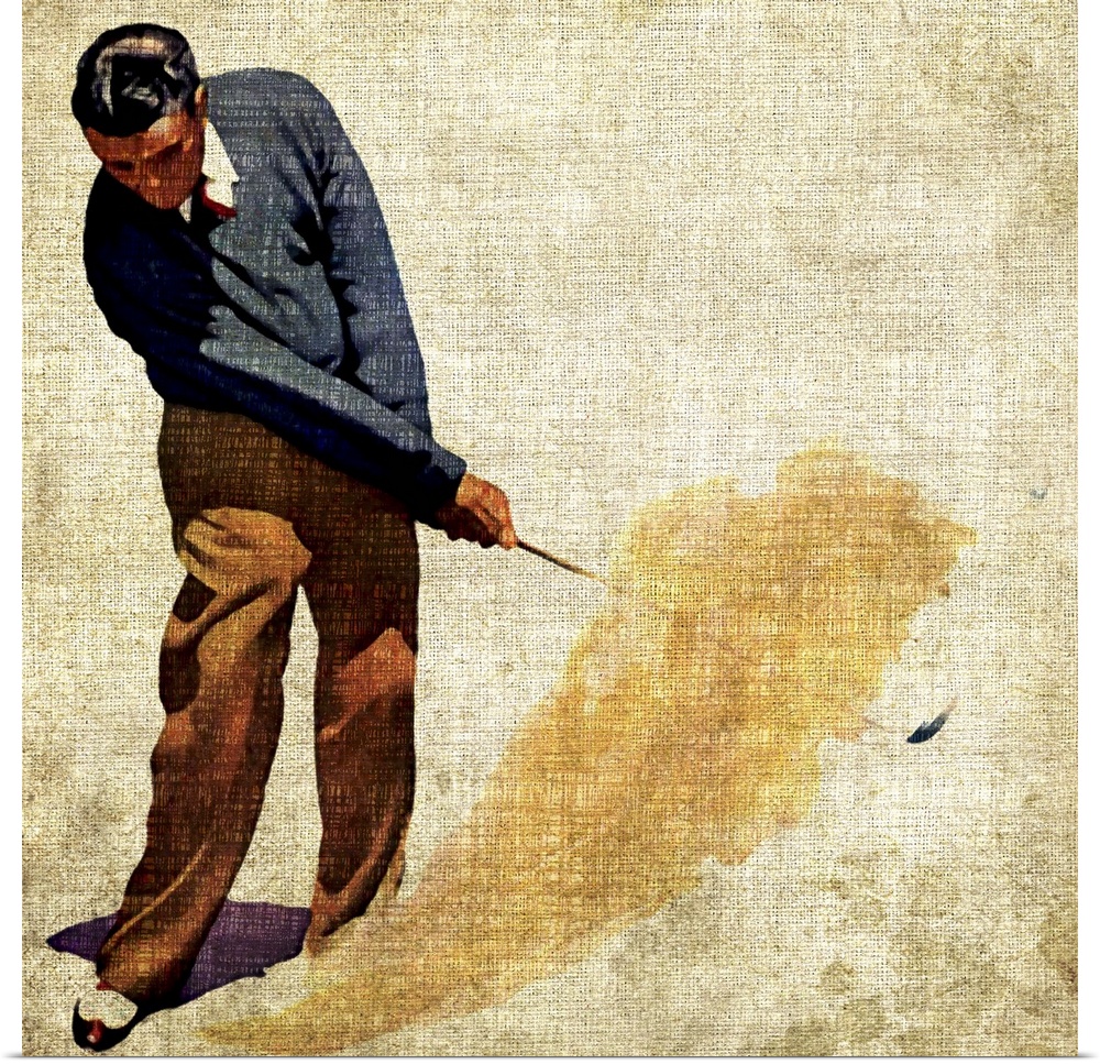 Artwork of golfer putting a ball with his club in mid air painted on a textured surface.