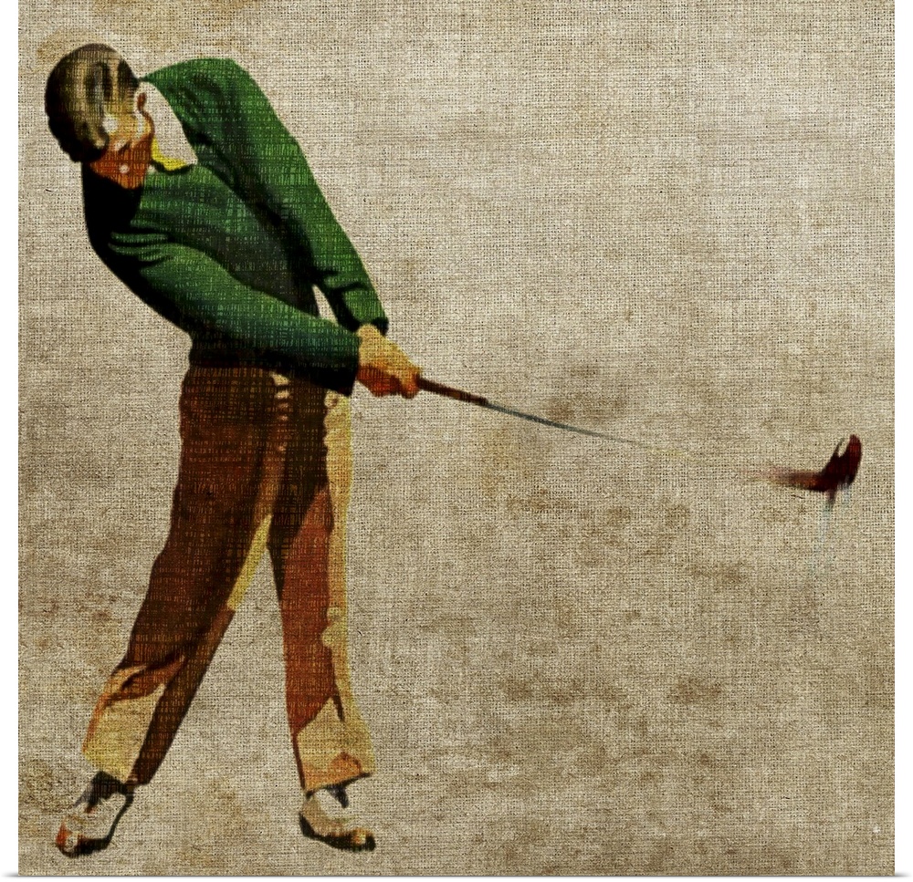 Square, large, vintage wall picture of a man in slacks and a cardigan swinging a golf club, on a neutral background.  The ...