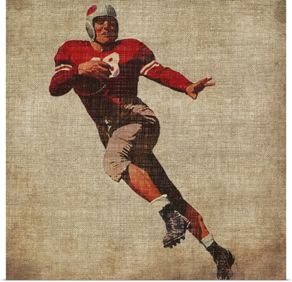 Square canvas of an old styled football player on a grungy background.