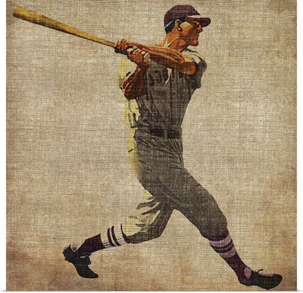 Square shaped decorative accent of a baseball player swinging a bat; this artwork has a rough fabric like texture and aged...