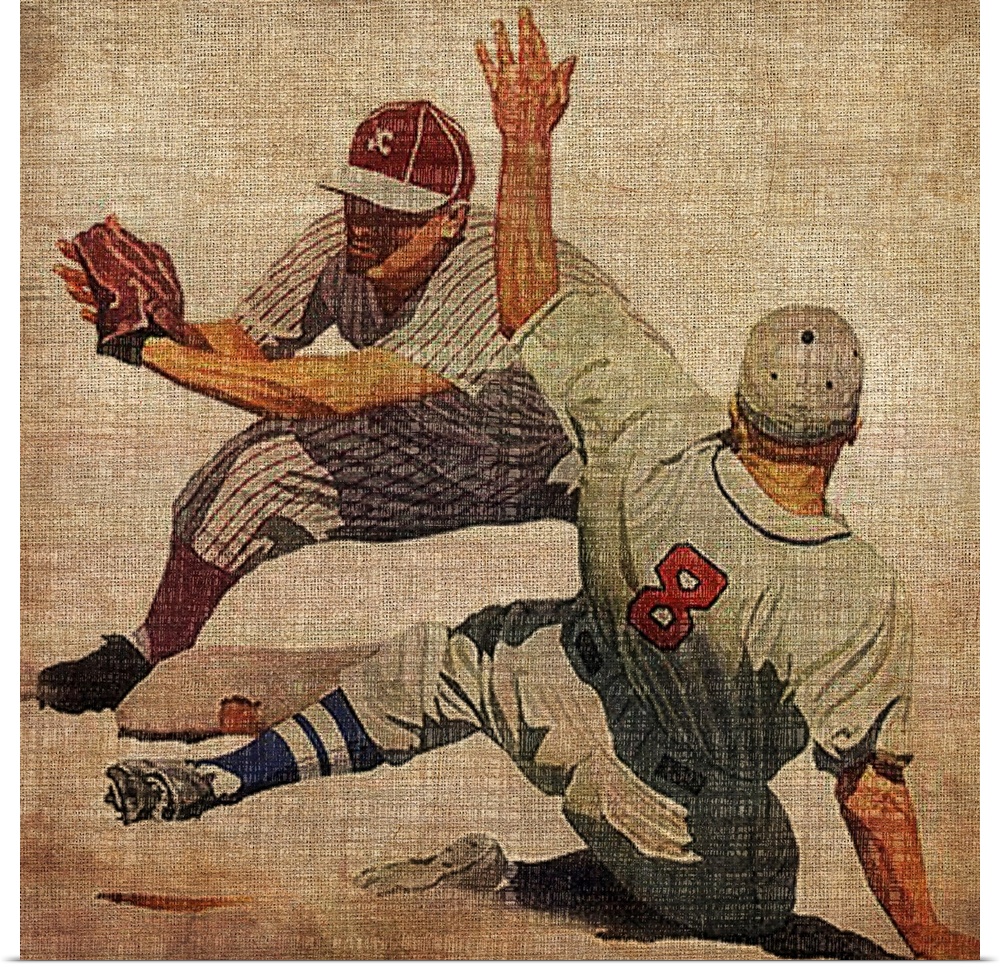 Big antique sports art includes a baseball player preparing to tag out a sliding opposing player at a base.  Artist gives ...