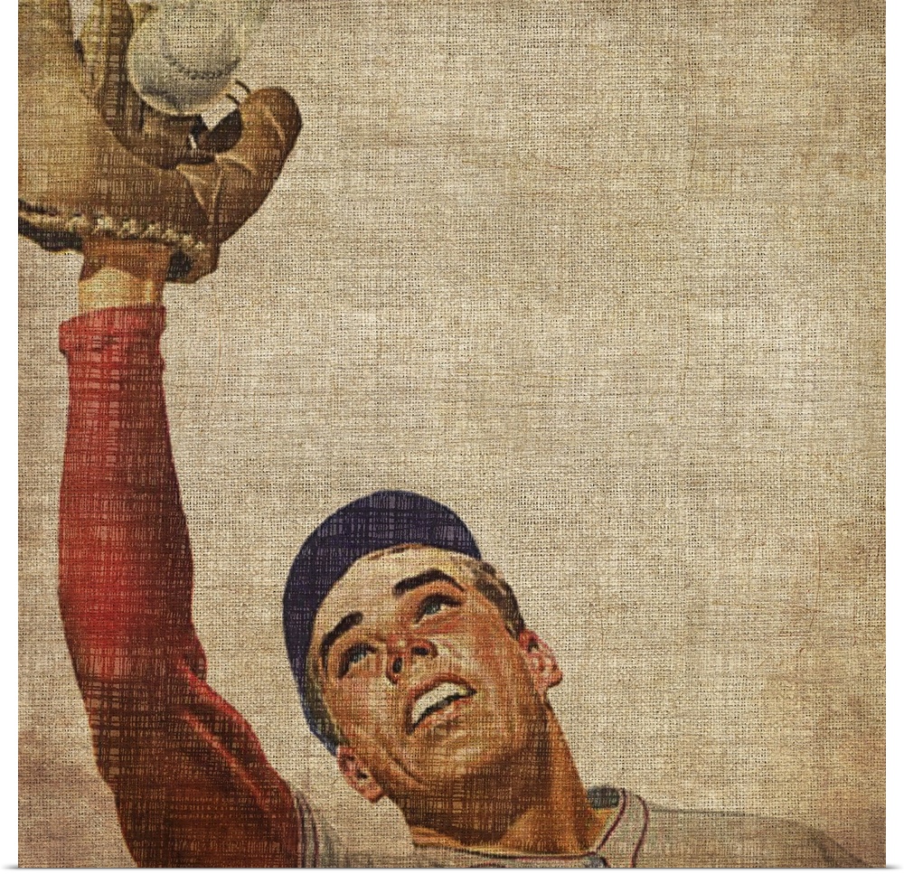 Square, giant vintage wall hanging of a male baseball player from the shoulders up as he reaches his mitt into the air to ...