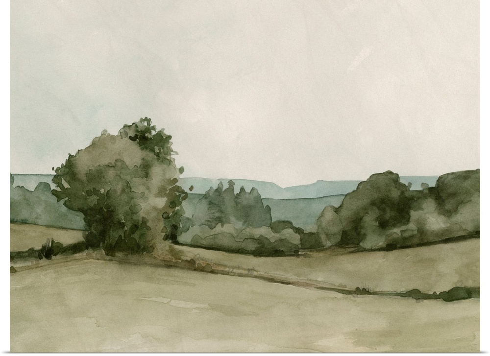 A transitional pastoral scene of trees and hedges under a cloudy sky, in an abstract watercolor style