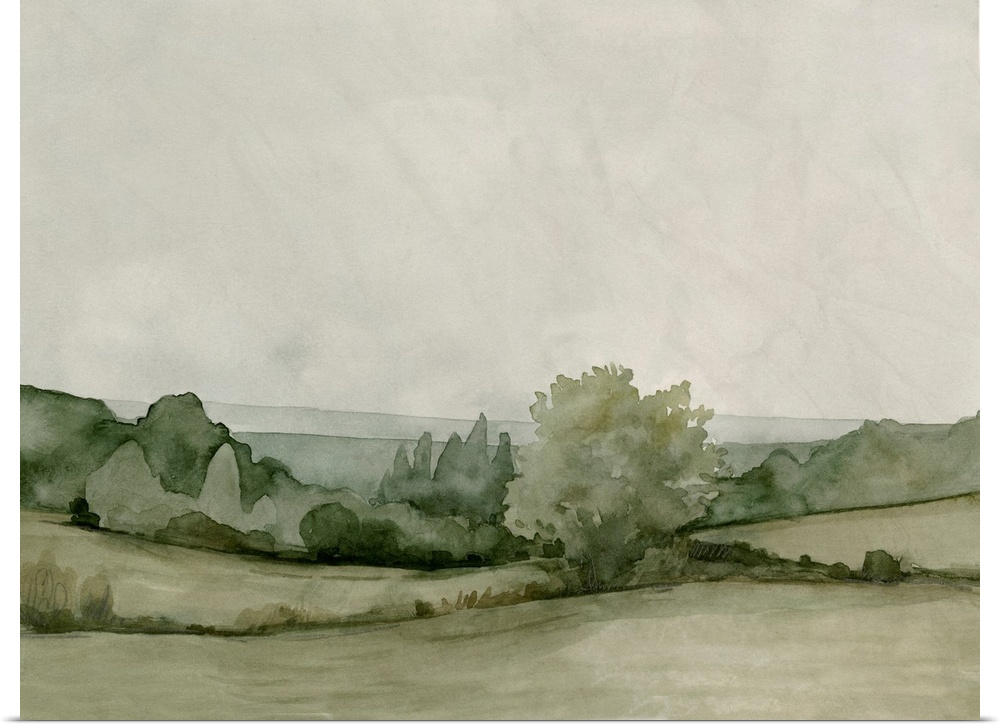 A transitional pastoral scene of trees and hedges under a cloudy sky, in an abstract watercolor style