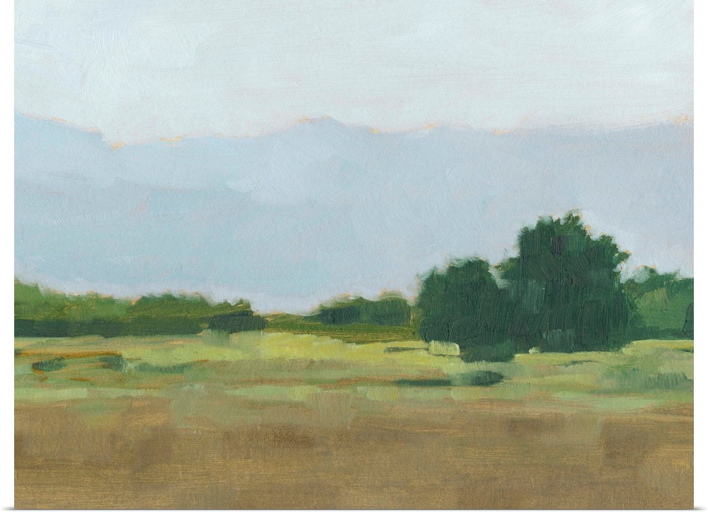 Contemporary landscape painting in green and brown with a mountain range in the distance.