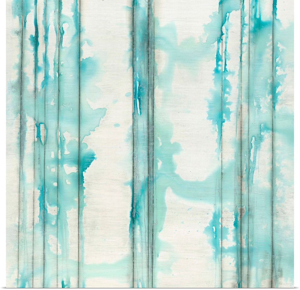 Square abstractly painted canvas of vertical lines with splattered watercolor paint on top.