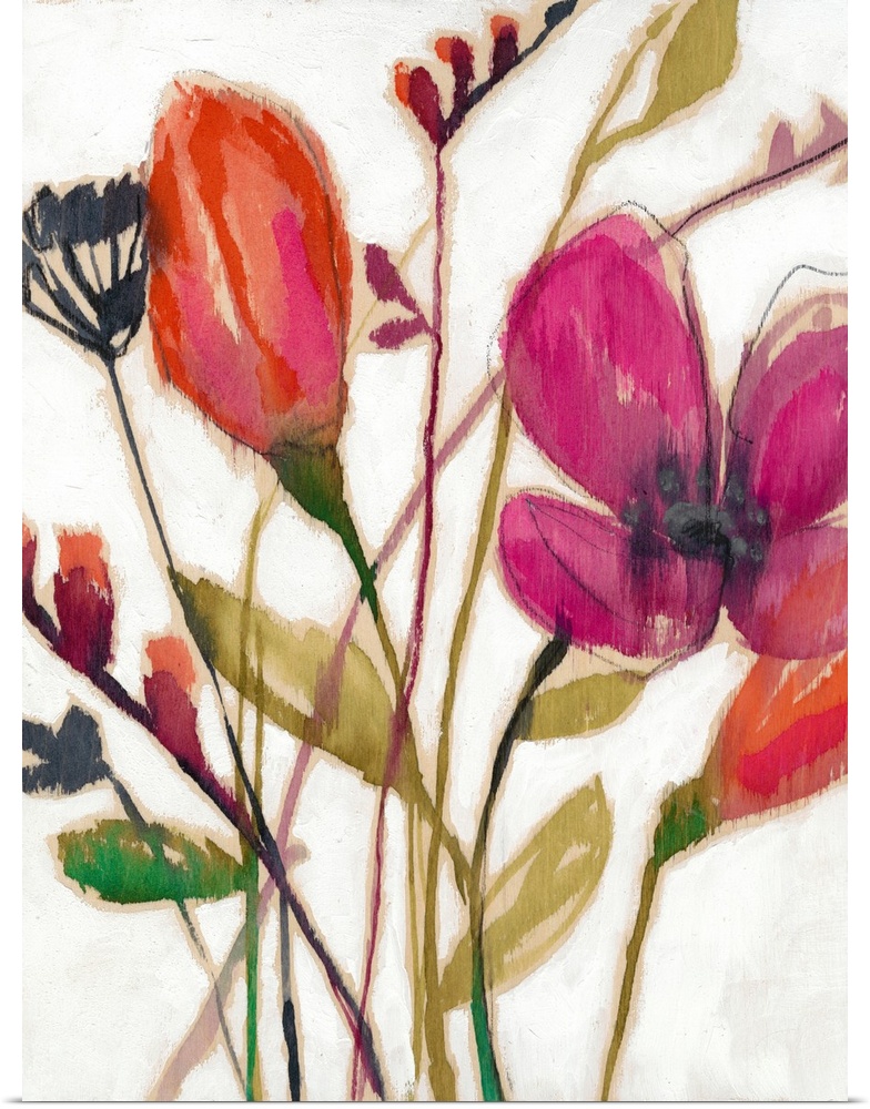 Contemporary painting of vibrant red flowers on a white background.
