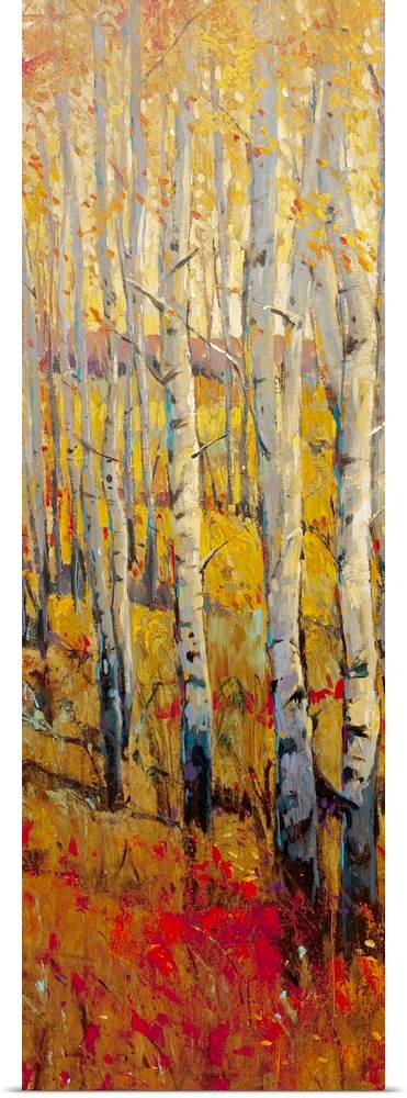 This vertical painting of white barked trees in a narrow landscape of autumn colored grass.