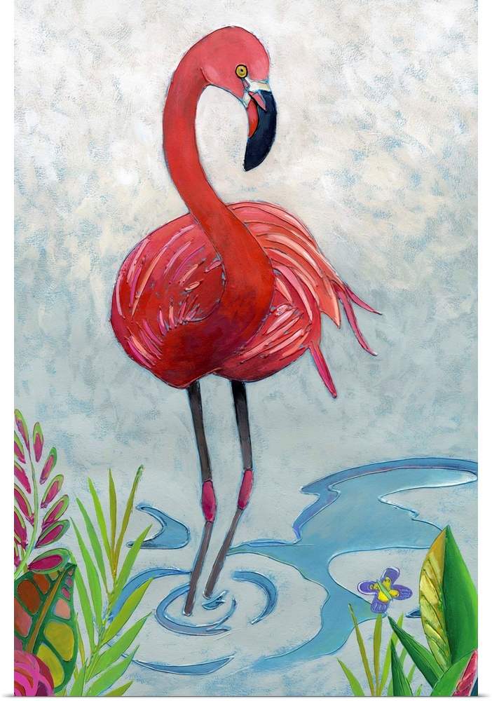 Vibrant painting of a flamingo in a tropical setting with gorgeous plants and flowers.