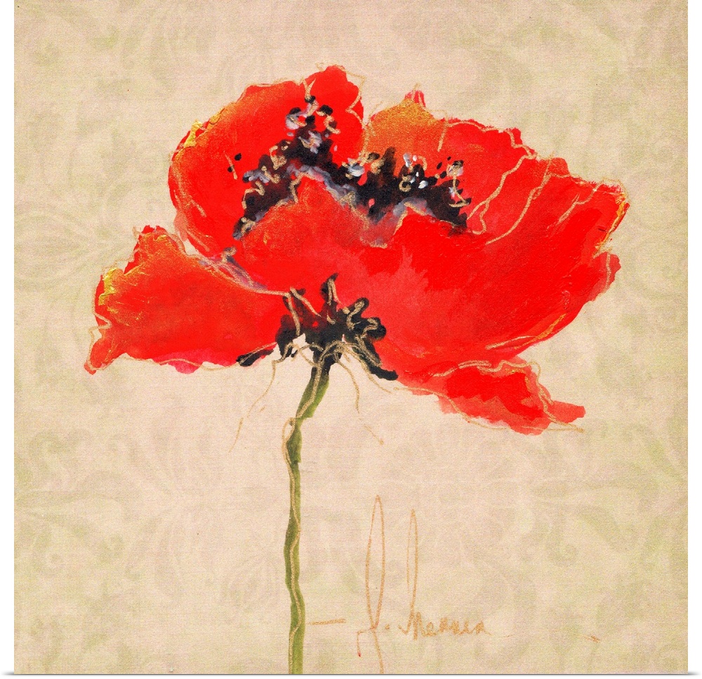 Contemporary painting of a bright red poppy against a beige background.