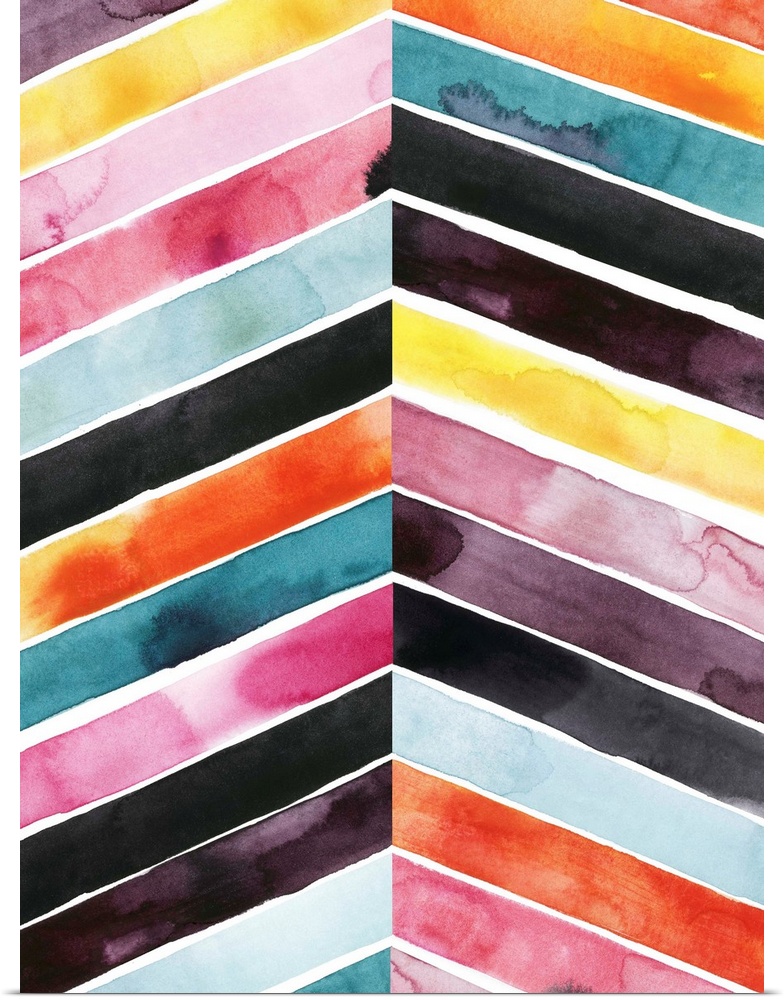 Chevron striped watercolor painting in vivid red, pink, blue, and yellow contrasting with black.