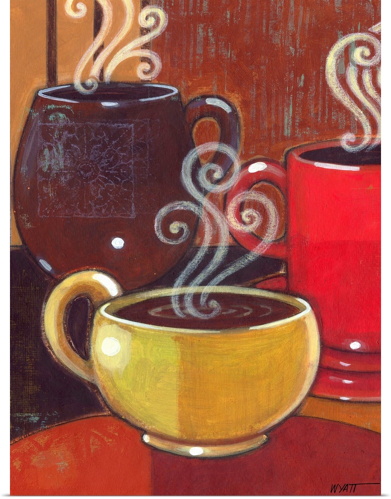 Contemporary painting of mugs of coffee in warm tones with swirls of steam.