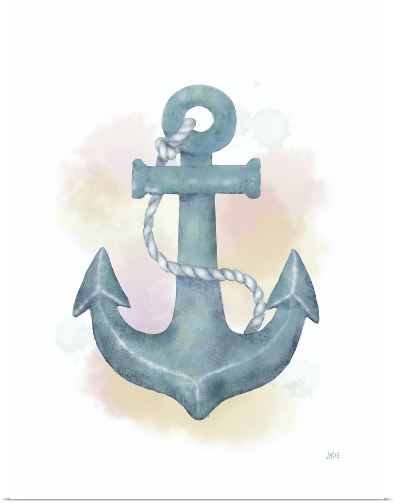 Nautical watercolor painting of an anchor in blue tones.