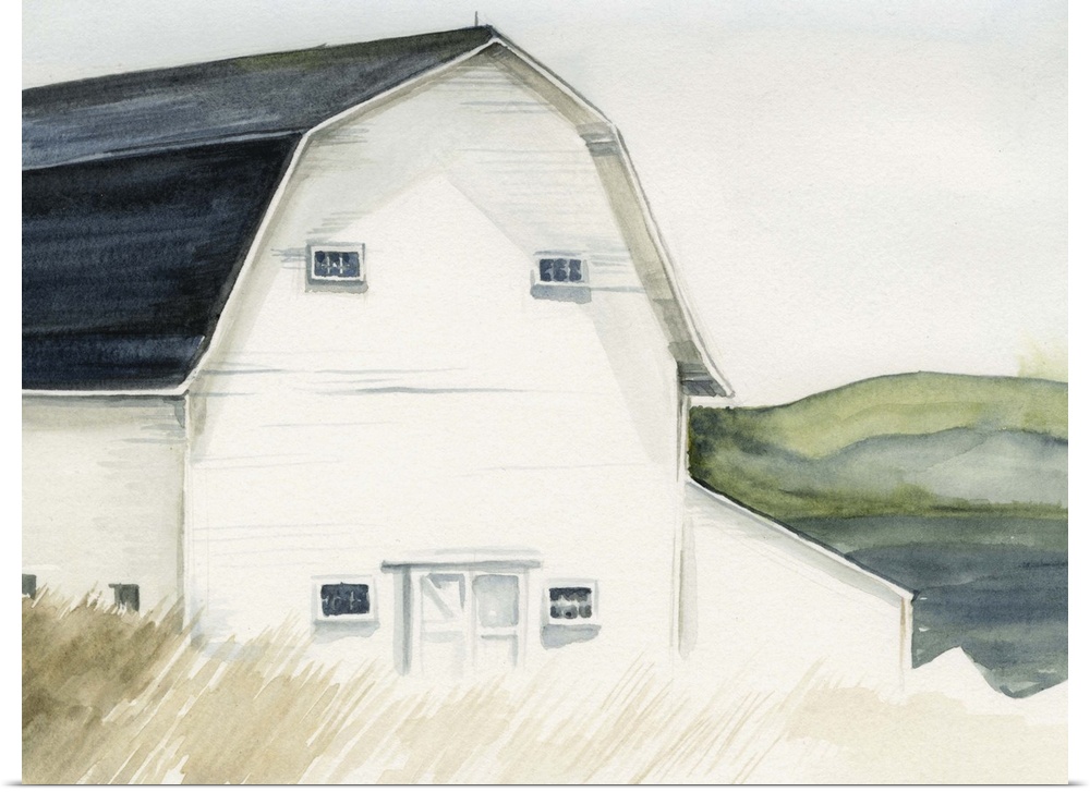 Watercolor landscape featuring a white barn in a field with rolling hills in the background.