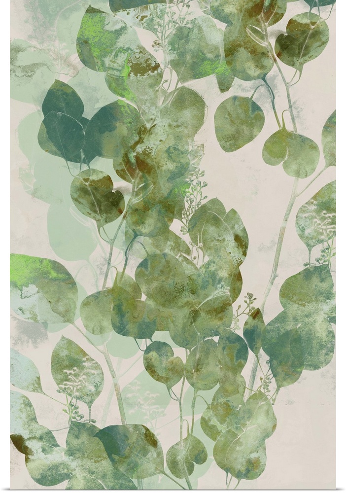 Watercolor painting of green eucalyptus leaves.