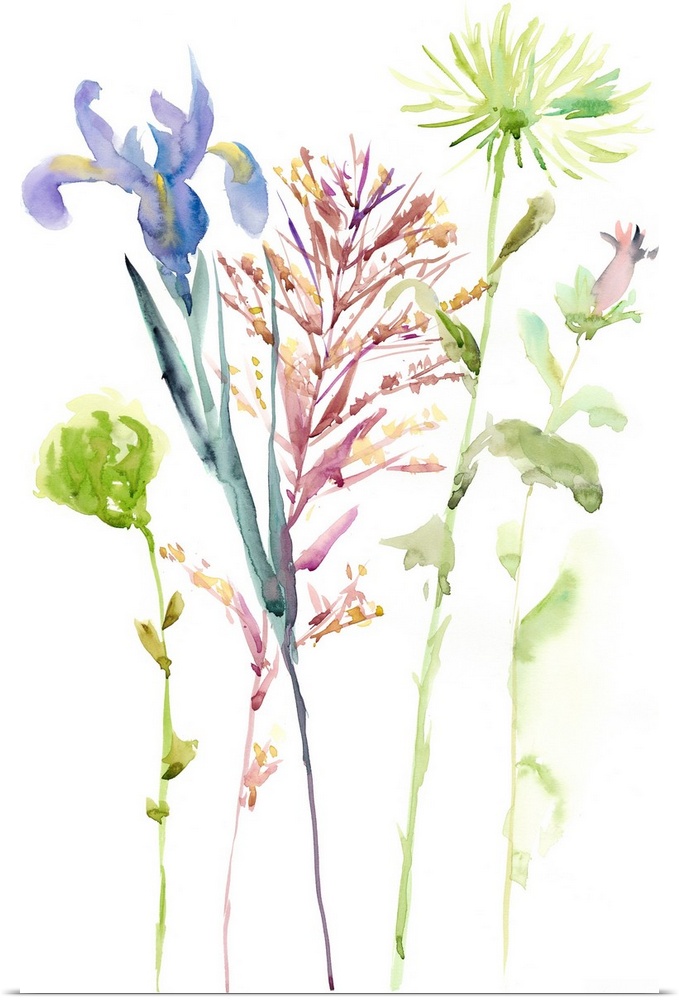 Watercolor art print of spring flowers in pink and blue with light green leaves.