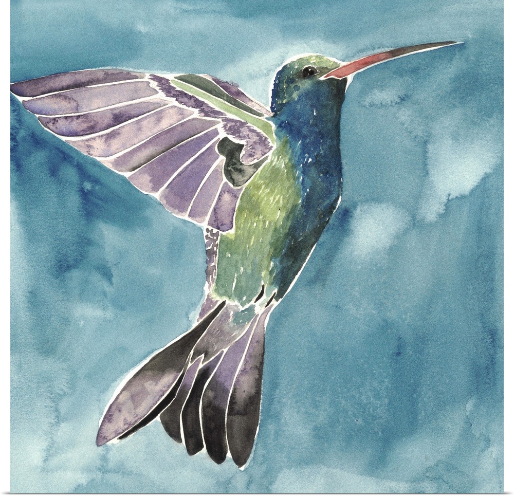 Watercolor painting of a hummingbird against a blue background.