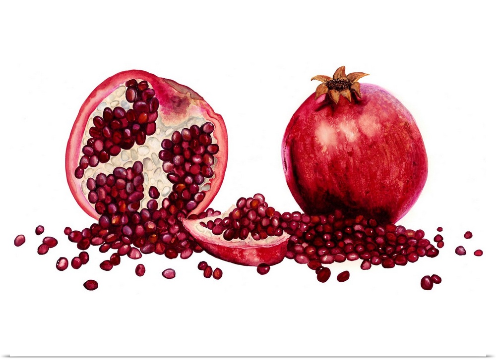 Watercolor painting of a whole and halved pomegranate against a white background.