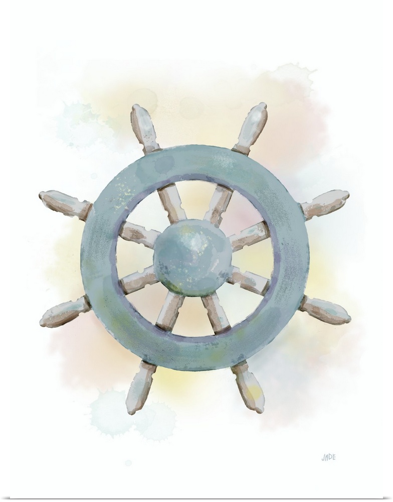 Nautical watercolor painting of a ship's wheel in blue tones.
