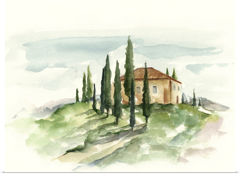 This watercolor artwork illustrates the beauty and simplicity of a Tuscan countryside with contrasting warm and cool color...