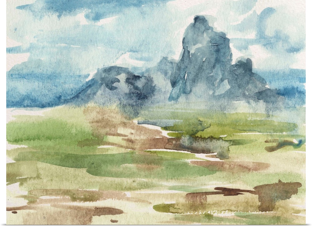 Contemporary watercolor landscape of a field and a mountain in the distance.