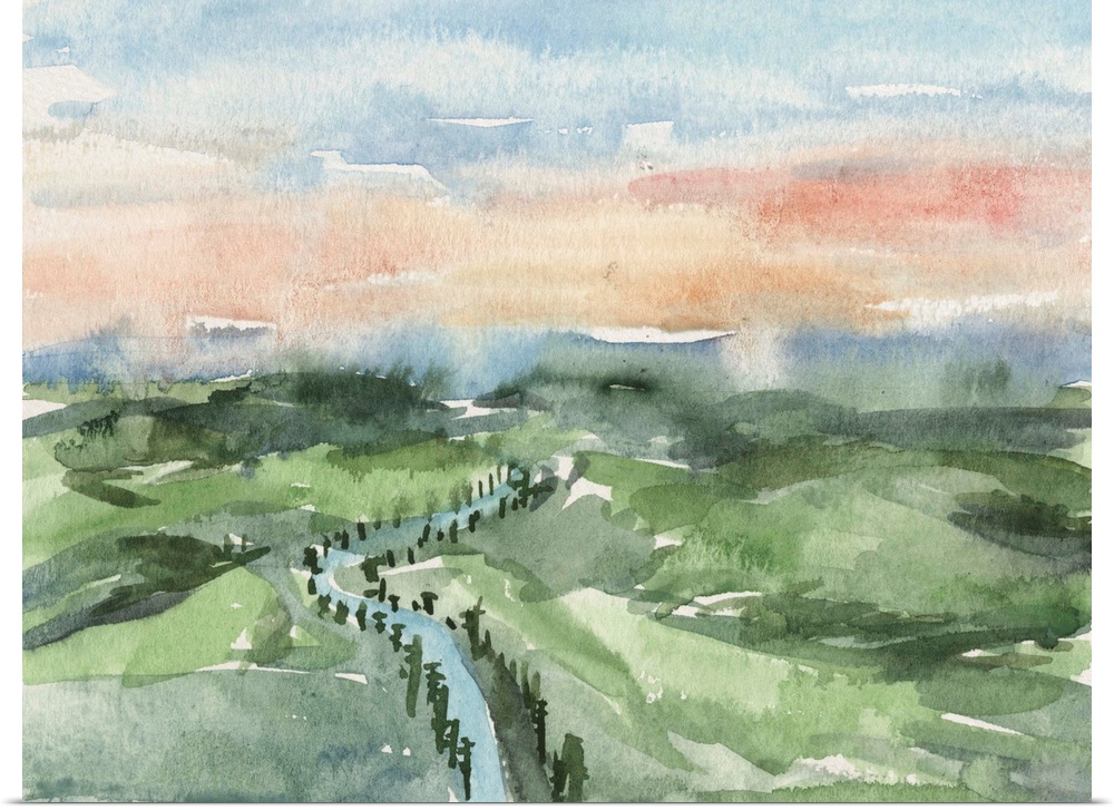 Contemporary watercolor landscape of a river running through a hilly landscape.