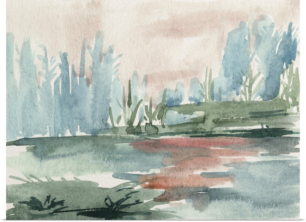 Contemporary watercolor landscape of a grassy area with a forest of trees in the distance.
