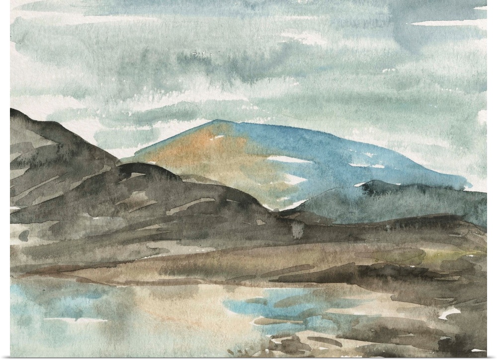 Contemporary watercolor landscape of a mountainous landscape.