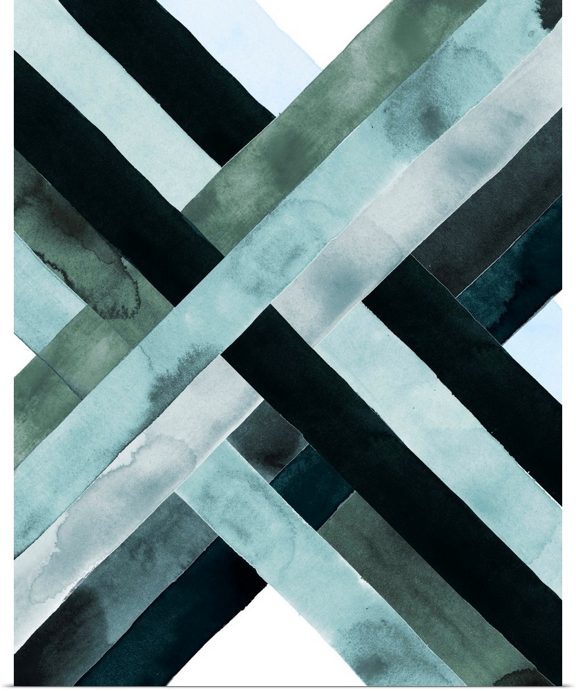 Abstract watercolor artwork of woven bands in black and blue shades, forming an X shape.