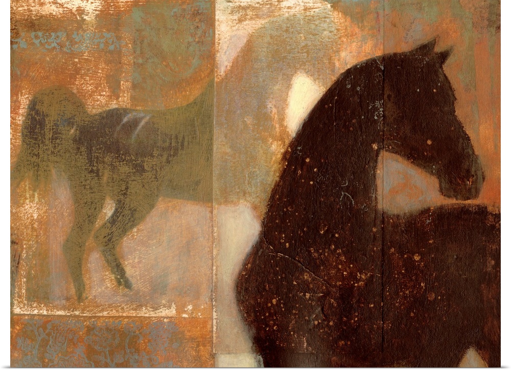 Rough textured artwork of two horses.