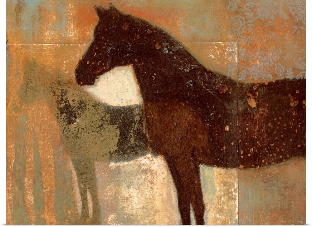 Contemporary painting of horse silhouettes covered in paint splatters with floral design in one color.