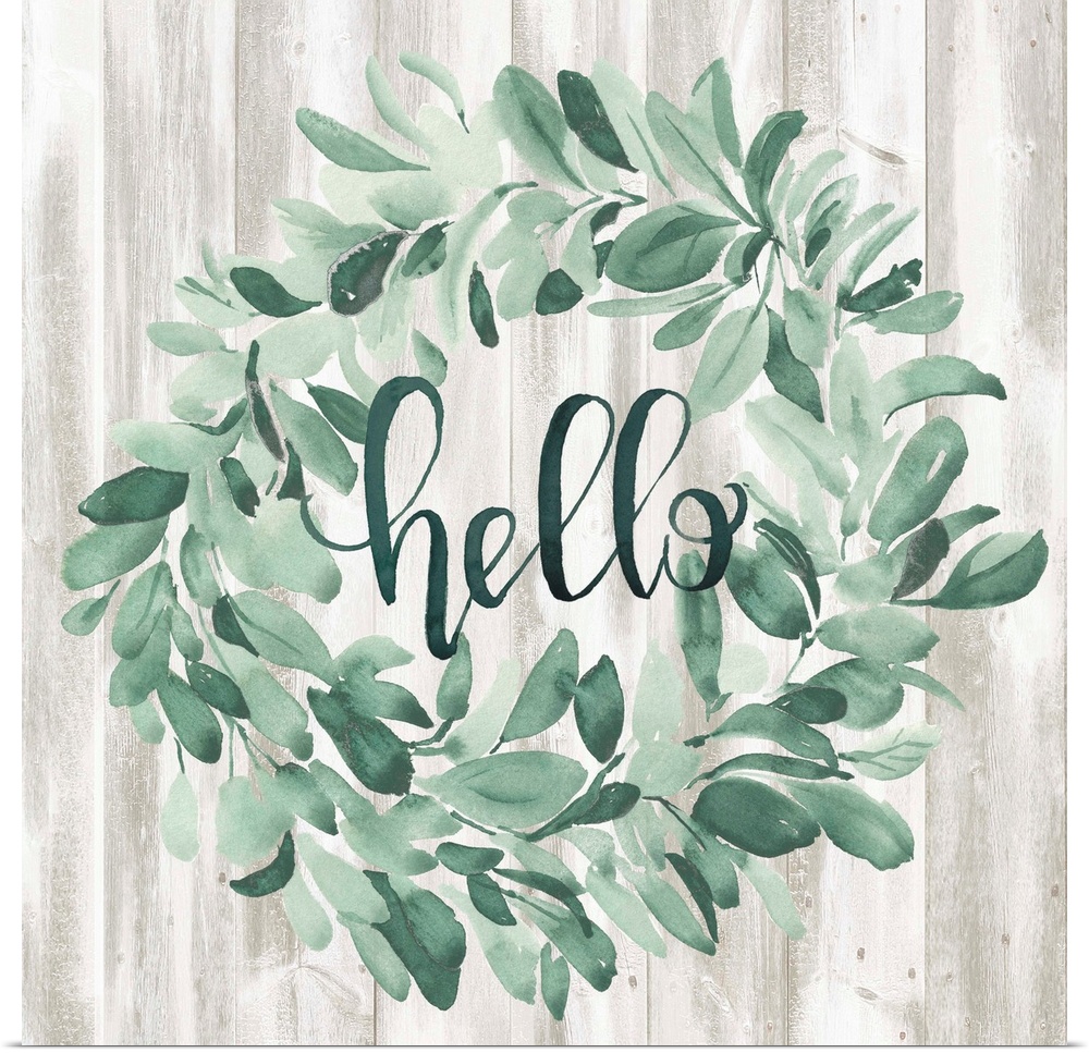 Watercolor wreath painting with script "Hello" in center.