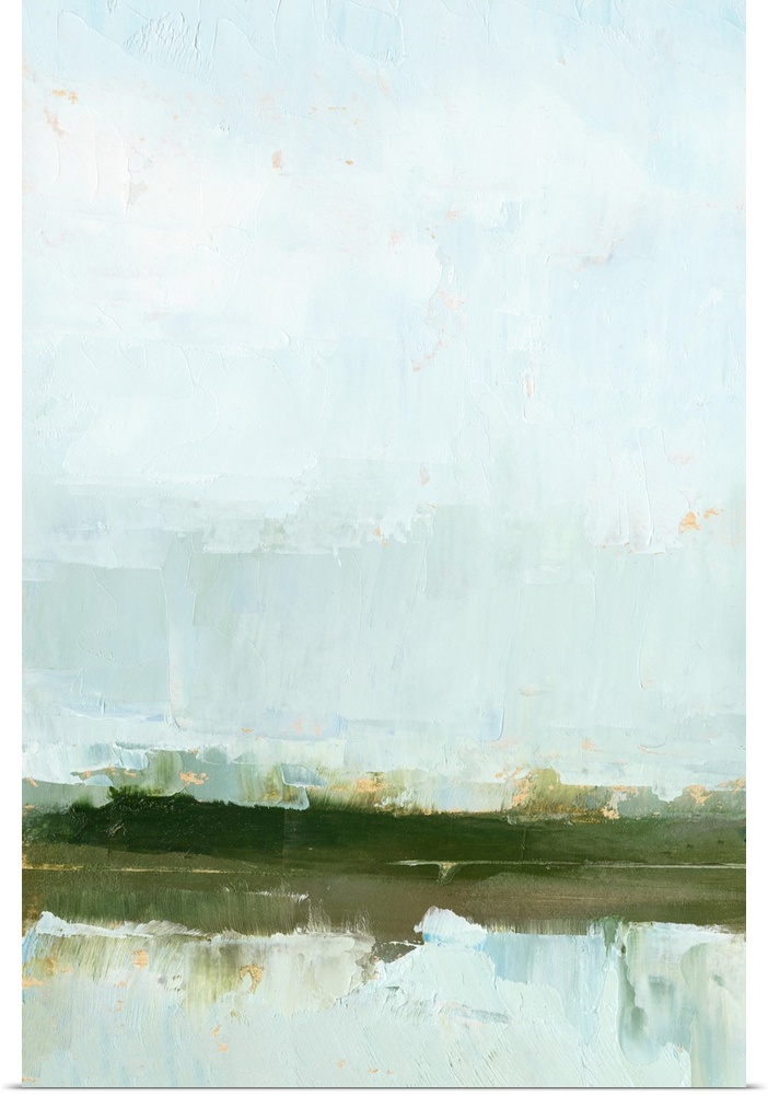 Contemporary landscape painting of a wetland on the horizon.