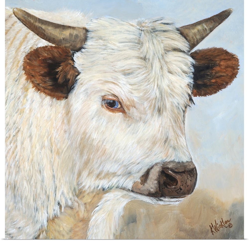 Contemporary painting of a portrait of a white cow with large ears and short horns.