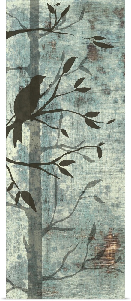 Artwork of silhouetted birds and trees against a pale teal background.