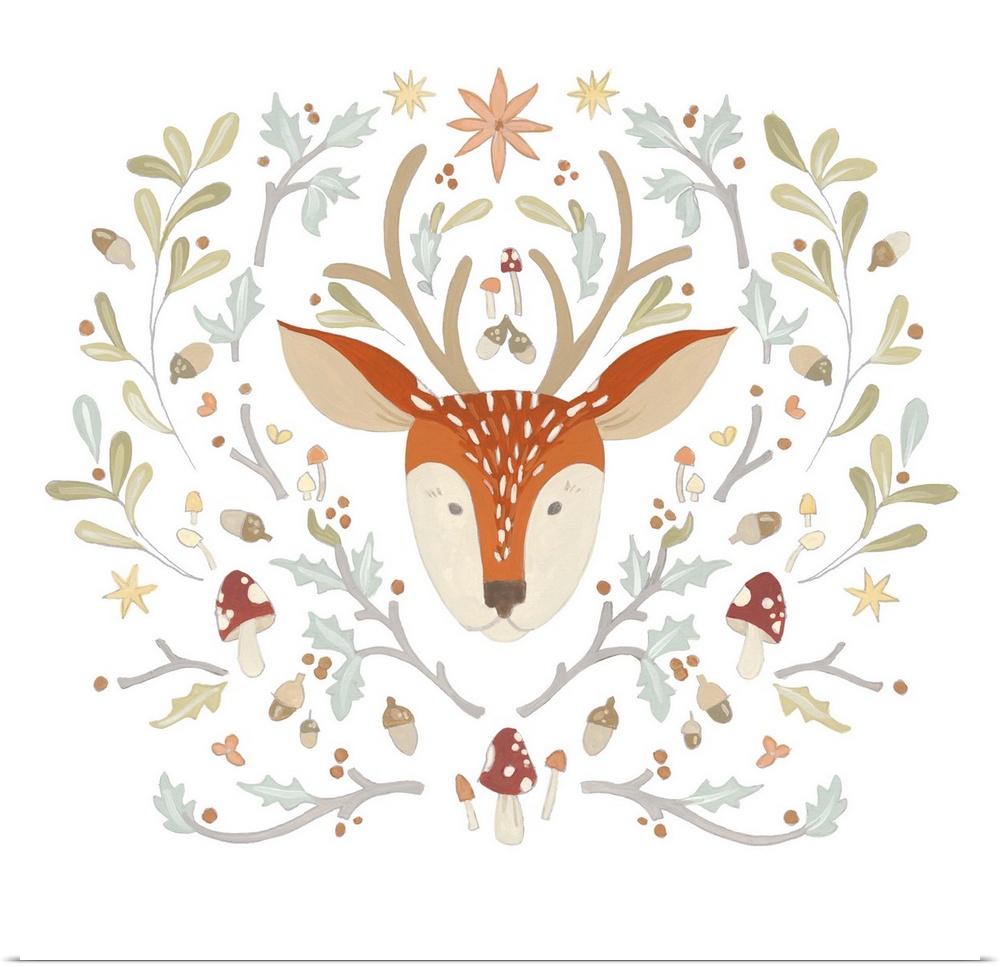 Whimsical children's artwork of woodland creatures and floral woodland elements.