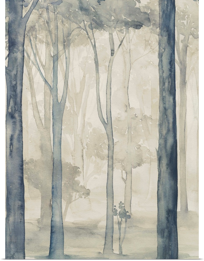 Watercolor woodland in muted gray and brown.