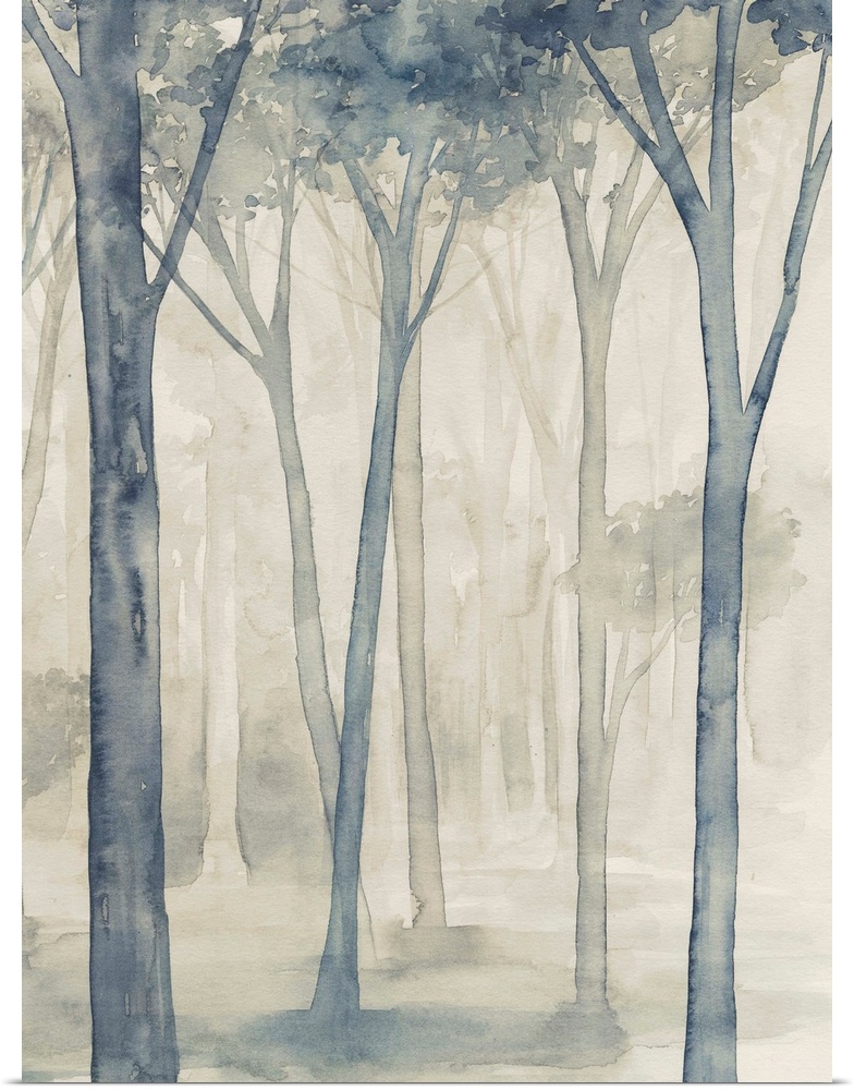 Watercolor woodland in muted gray and brown.
