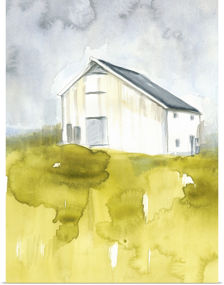 This watercolor scene features a worn white barn with a cloudy gray sky above and vibrant green grasses below.